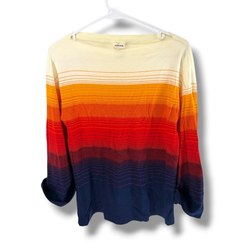 Vintage Aileen Sunset Stripe Knit Boat Neck Top Orange Red Navy Blue Large